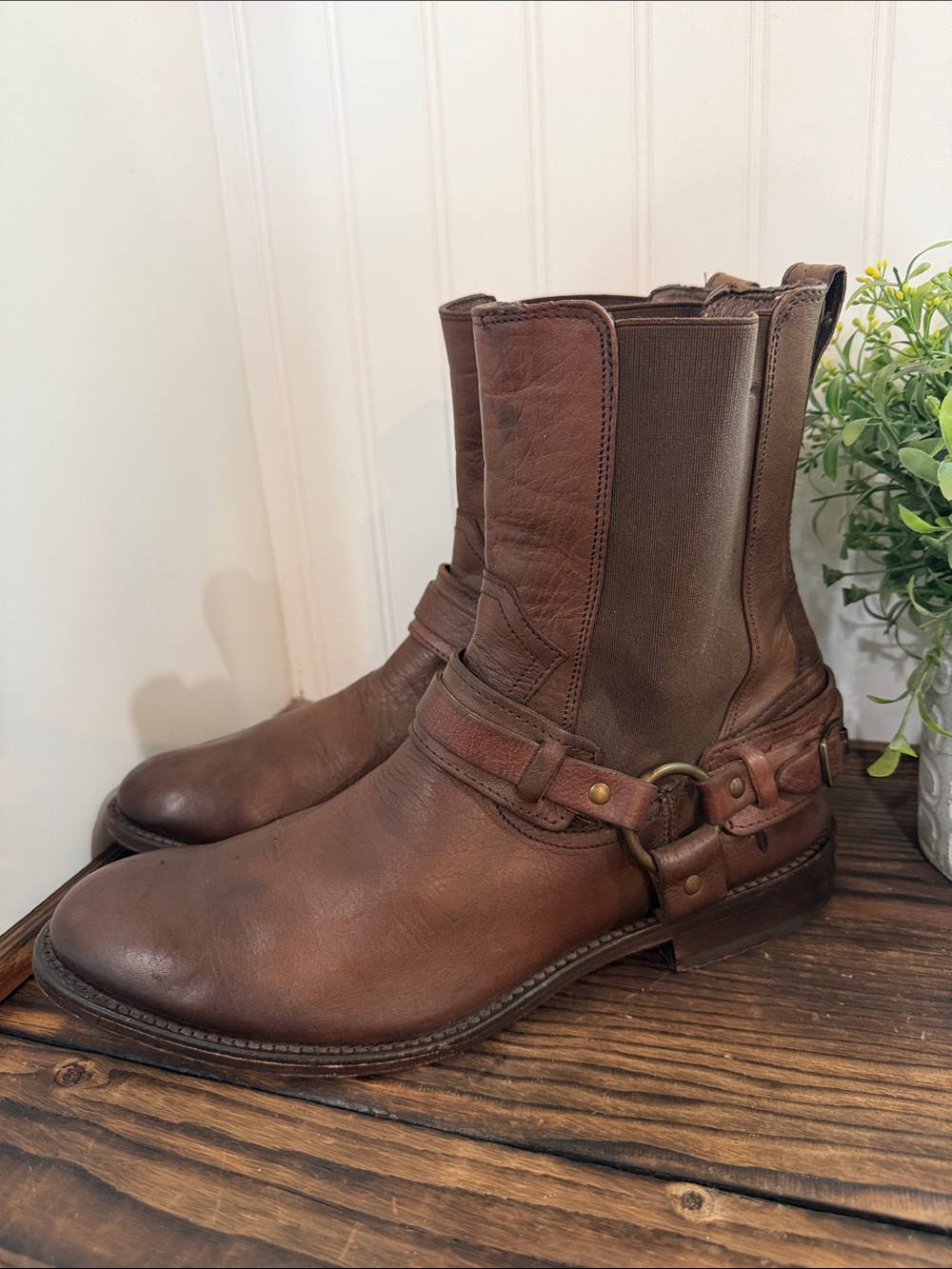 VTG Frye Brown Leather Harness Pull On Biker Boots Men’s 10.5 Classic Moto